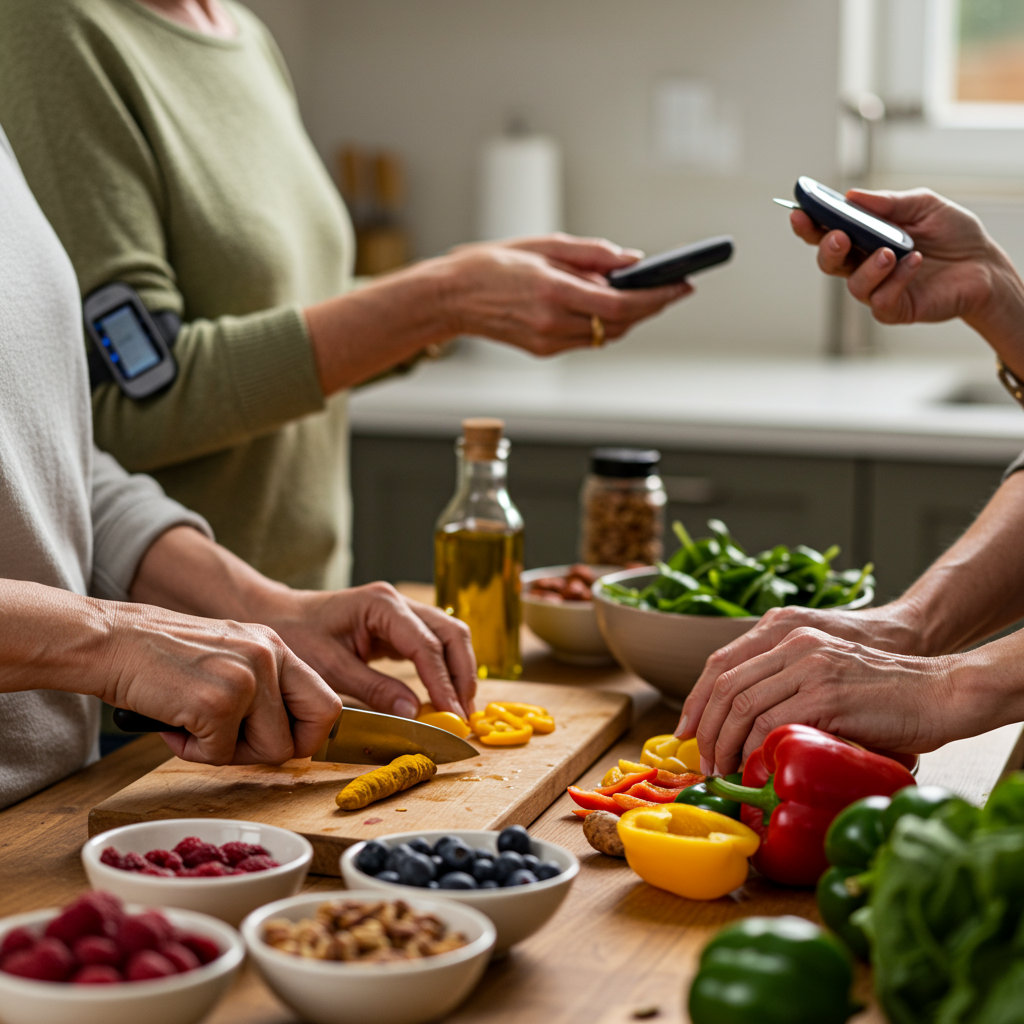 A warm, well-lit kitchen scene showing a diverse group of people (middle-aged and seniors) preparing a colorful anti-inflammatory meal together. The image shows hands chopping fresh vegetables like leafy greens, bell peppers, and turmeric root on a wooden cutting board, with small bowls of berries, nuts, and olive oil visible. A person in the background is checking a continuous glucose monitor on their arm with a calm, hopeful expression.