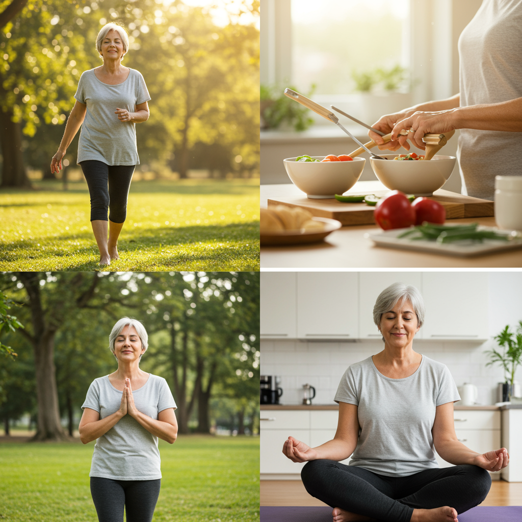 A serene lifestyle scene showing a person in their 50s engaging in holistic health activities. The image could show a split view of the same person: walking outdoors in a park with a peaceful expression, preparing a nutritious meal in a bright kitchen, and practicing a relaxing meditation or yoga pose. The lighting should be warm and hopeful, conveying the message that addressing prediabetes involves multiple aspects of life in a positive way.