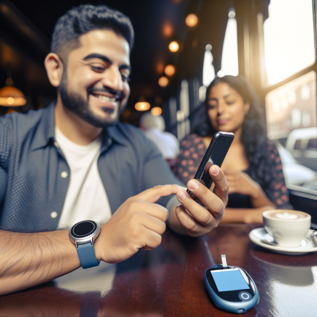 An uplifting image of modern diabetes technology being used in a real-life setting. A person is smiling while checking their continuous glucose monitoring app on a smartphone while sitting in a cozy café. Nearby on the table is a small, sleek insulin management device. The environment should be warm and social, perhaps with a friend sitting across the table, highlighting how technological advances are making diabetes management more discreet and integrated into social life.