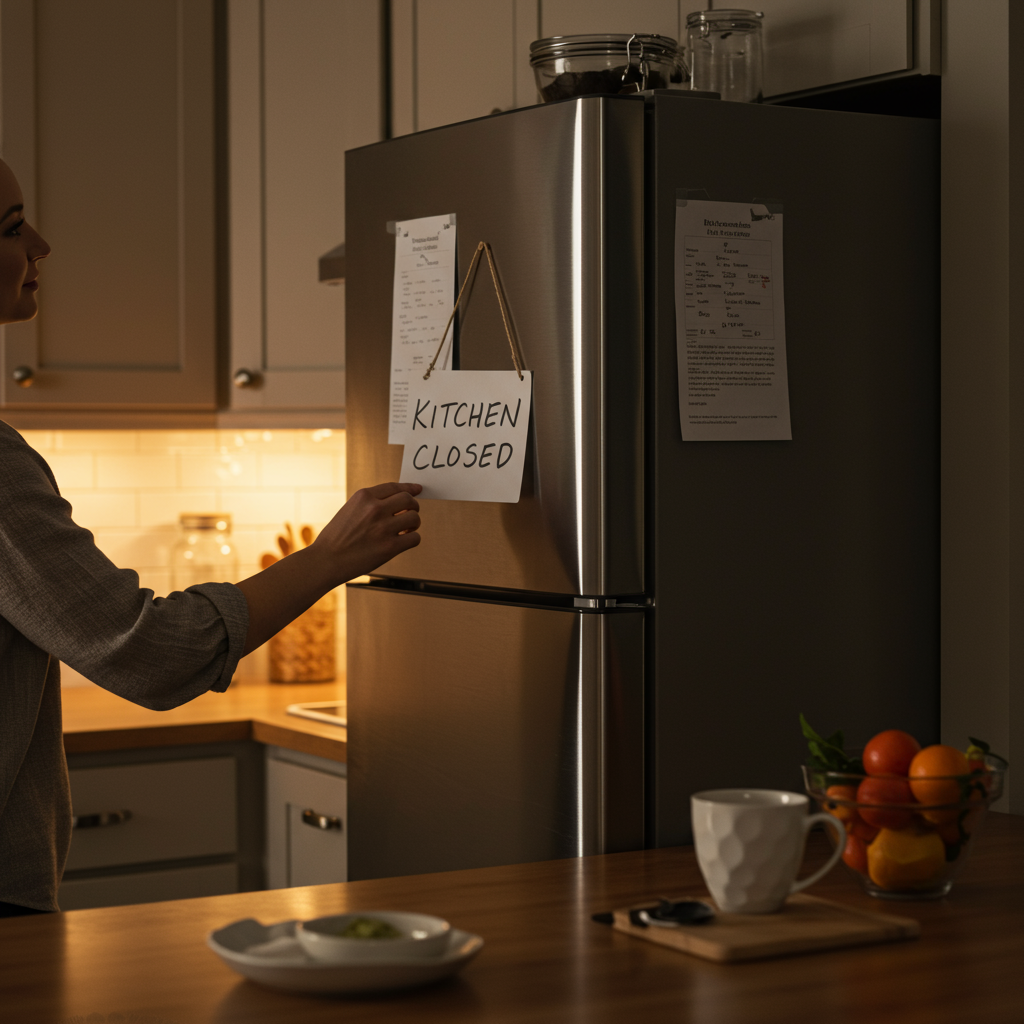 A warm, inviting kitchen scene at dusk with a person placing a handwritten 'Kitchen Closed' sign on their refrigerator. The kitchen has soft, evening lighting, a clean countertop, and perhaps a cup of herbal tea nearby, suggesting the transition to evening activities. The person appears relaxed and purposeful, demonstrating this positive habit in action.