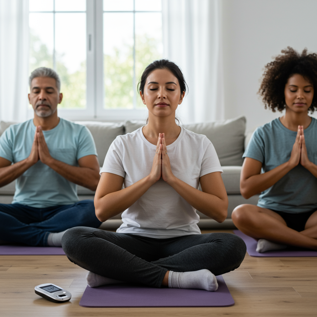 A diverse group of three people (varying in age, gender, and ethnicity) engaged in a guided meditation session in a bright, clean living room. One person is checking a glucose monitor before their session, emphasizing the integration of traditional diabetes management with stress reduction techniques. Their relaxed postures and peaceful expressions illustrate the positive effects of incorporating stress management into diabetes care.