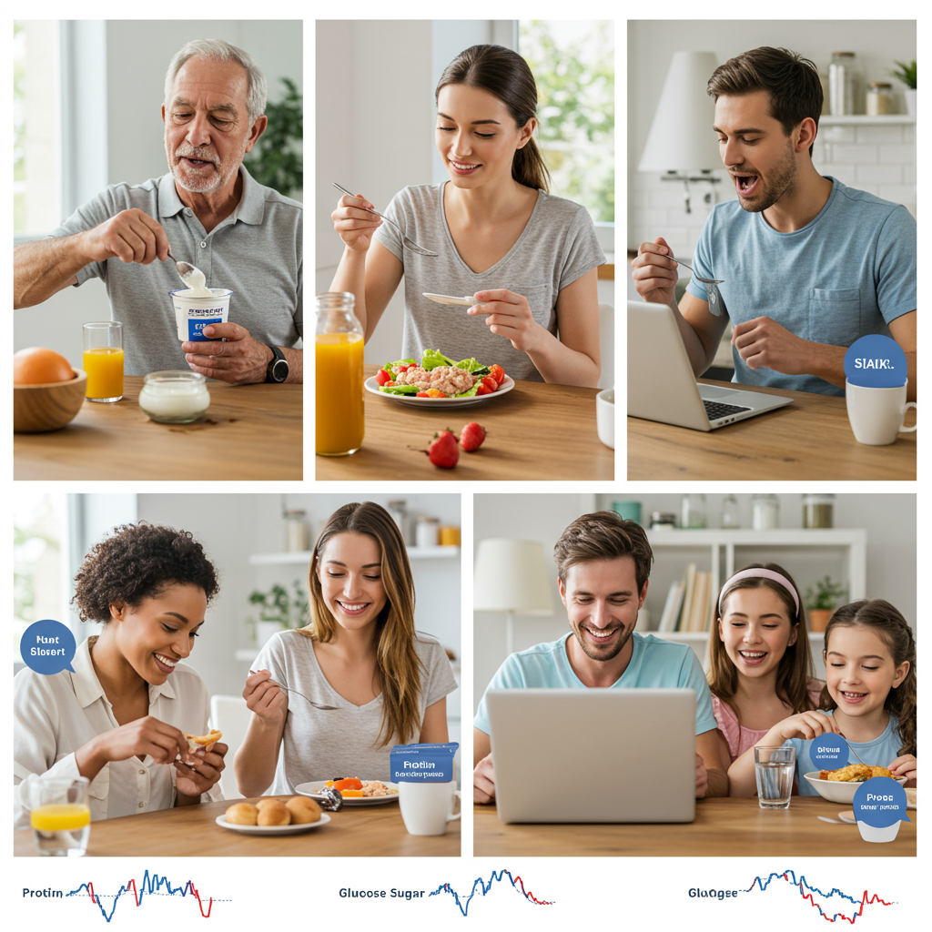 A diverse group of active people (varying ages and ethnicities) enjoying protein-rich meals in different settings - an older man adding Greek yogurt to his breakfast, a young woman having a tuna salad lunch at work, and a family dinner scene featuring a protein-centered meal. Small, subtle glucose curve graphics appear beside each person, showing healthy, gradual rises rather than sharp spikes, reinforcing how protein helps manage blood sugar throughout various daily scenarios.