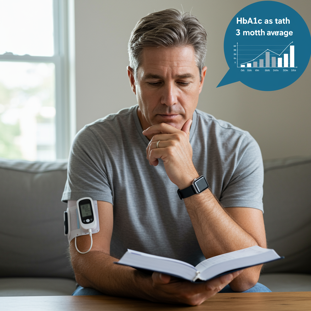 A thoughtful middle-aged person reviewing their diabetes management journal with a CGM device visible on their arm. A clear infographic beside them shows the concept of HbA1c as a 3-month average, with a simple graph illustrating how daily glucose fluctuations average out to create the HbA1c percentage. The person appears engaged and empowered, sitting in a comfortable home environment with natural lighting.