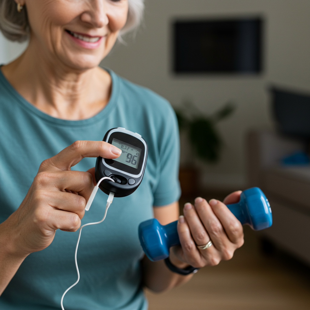 A close-up of a person's hand checking a glucose monitor while holding a small dumbbell