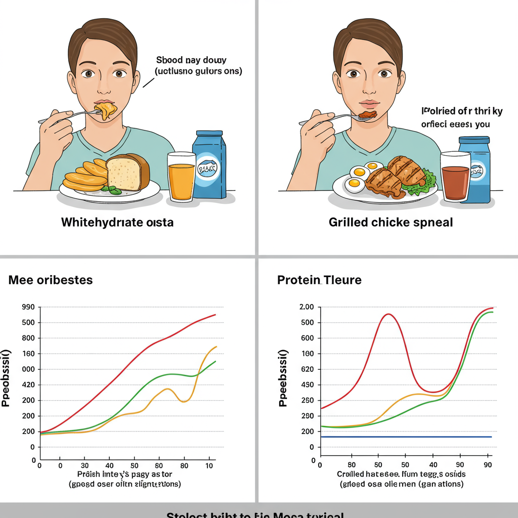 A side-by-side comparison showing two meal scenarios: On the left, a person eating a carbohydrate-only meal (like white bread or pasta) with a graph showing a sharp blood glucose spike above it; on the right, the same person eating a balanced meal with protein (grilled chicken, eggs) alongside carbohydrates, with a graph showing a much gentler, flatter glucose curve. The person looks relaxed and satisfied with the protein-rich meal.
