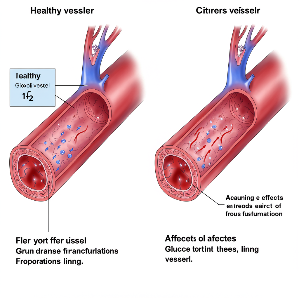 An educational illustration showing a cross-section of a healthy blood vessel compared to one experiencing the early effects of glucose fluctuations. The healthy vessel should have a smooth inner lining with proper blood flow, while the affected vessel shows subtle changes to the endothelial lining. The image should use a blue and red color scheme (for arteries and veins) and maintain a scientific but approachable appearance without being frightening.