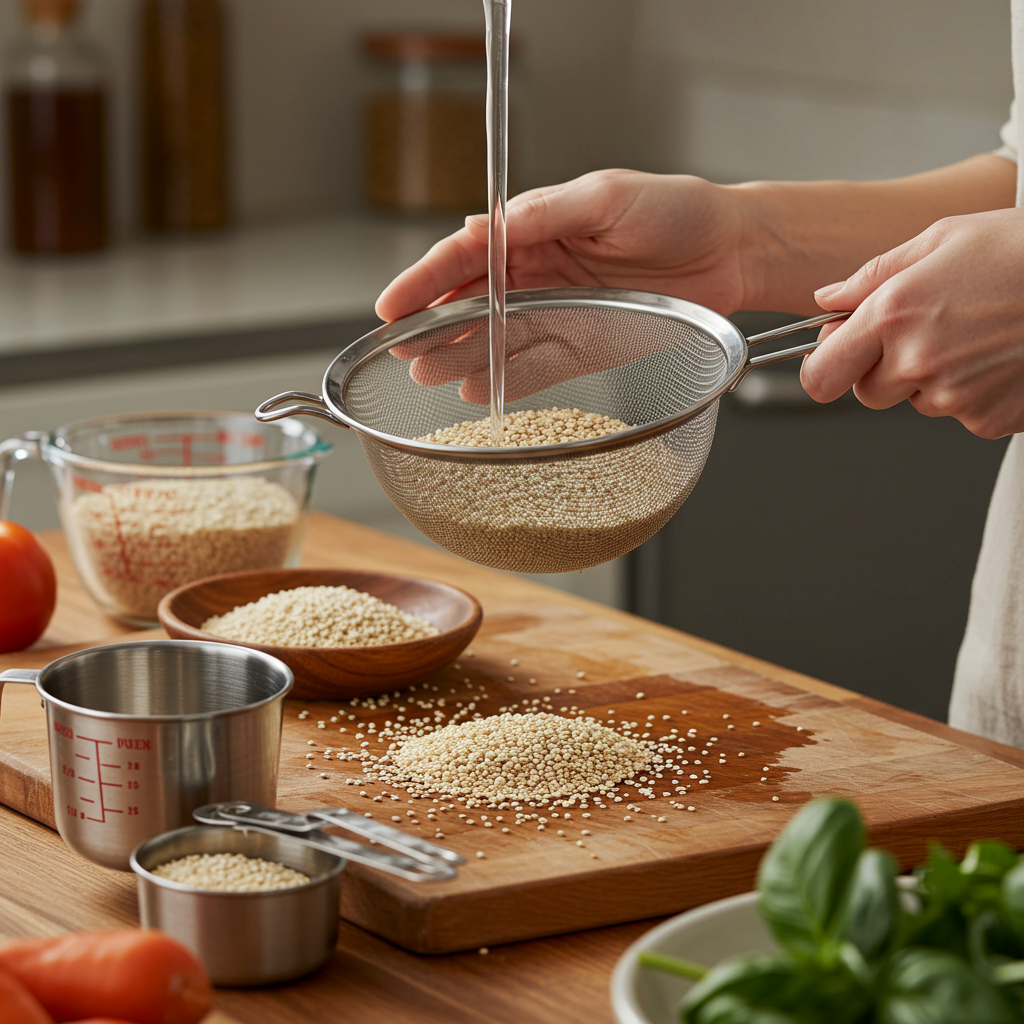A warm, lifestyle image showing someone in a modern kitchen preparing quinoa - rinsing it in a fine mesh strainer under running water, with measuring cups nearby and other meal prep ingredients visible on a wooden cutting board