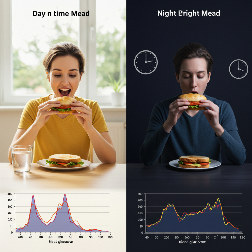 A split-screen image showing the same person eating the same meal in two scenarios: on the left, the person enjoying a sandwich at a bright lunch table with a clock showing noon, looking energetic; on the right, the same person eating the identical sandwich in dim lighting with a clock showing midnight, with subtle visual cues of fatigue. A simple, stylized graph overlay shows a moderate blood glucose curve for the daytime meal versus a higher, more prolonged spike for the nighttime meal.