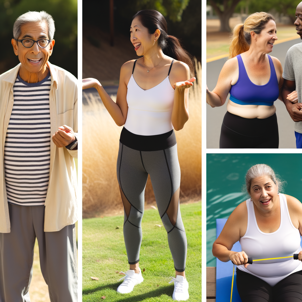 A diverse group of middle-aged to older adults engaged in various forms of exercise in a community setting. Show people walking on trails, swimming, doing light resistance training with bands or weights, and perhaps a gentle yoga pose. The people should appear happy and energetic, demonstrating that exercise can be enjoyable and social rather than a burden.