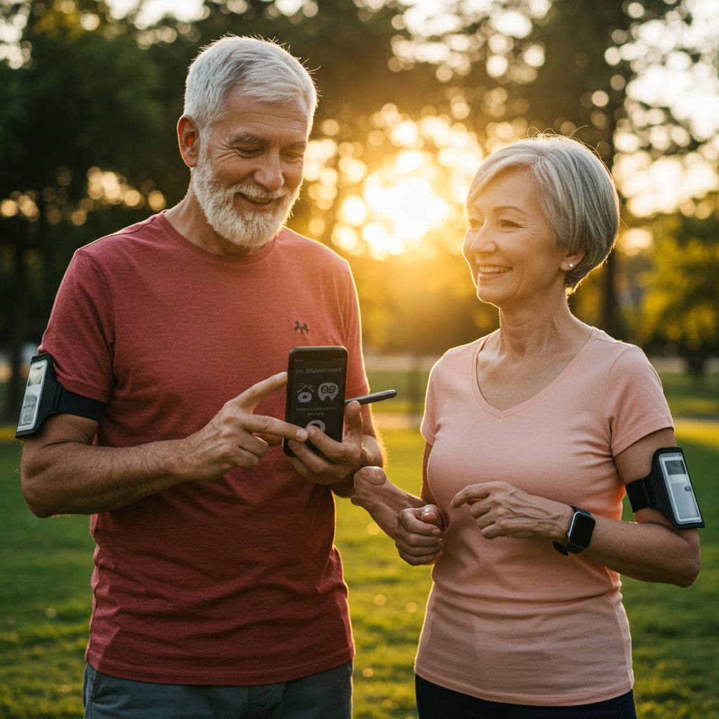 An active senior couple in their 60s or 70s enjoying an outdoor walk in a park during golden hour sunlight. One person is checking a smartphone app that displays their glucose data for the day showing stable readings. Both are smiling and appear energetic, embodying the concept of healthspan alongside lifespan. The scene conveys vitality and proactive health management in later years.