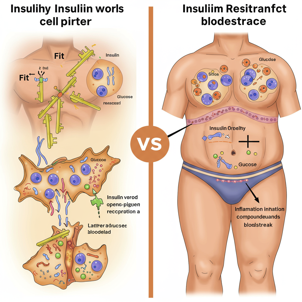 A side-by-side visual comparison showing how insulin works in a healthy body versus in insulin resistance. On the left, a fit person with a close-up view of cells where insulin keys are properly opening cell receptors, allowing glucose to enter. On the right, a person with excess visceral fat with a close-up of cells showing insulin unable to connect properly with receptors due to inflammatory compounds, leaving glucose molecules in the bloodstream.