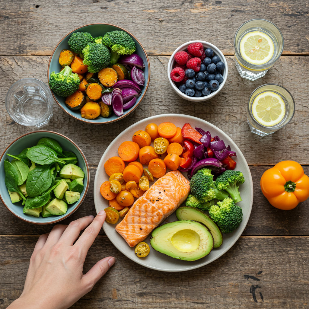 A vibrant, appetizing spread of blood-sugar friendly foods arranged on a rustic wooden table. The image shows a colorful meal featuring grilled salmon, avocado slices, a variety of roasted vegetables, a small bowl of mixed berries, and a glass of water with lemon. A person's hand could be visible reaching for one of the healthy options, suggesting active participation in making better food choices.