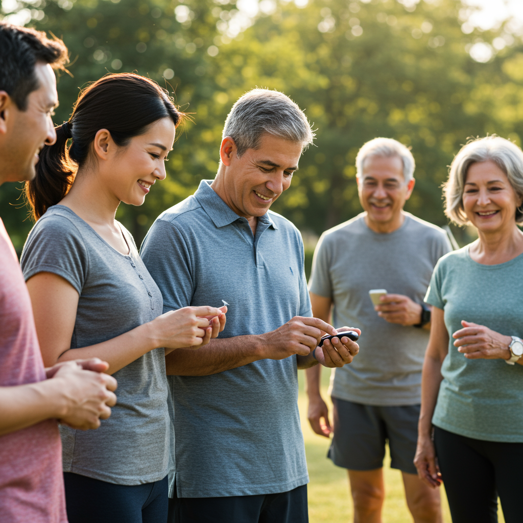 A diverse group of people of various ages (40s-60s) engaged in gentle exercise outdoors. A middle-aged man is checking his glucose monitor before joining a walking group. The participants have warm, encouraging expressions, suggesting community support. Morning sunlight filters through trees, creating an inviting atmosphere that embodies finding motivation through meaningful connection.