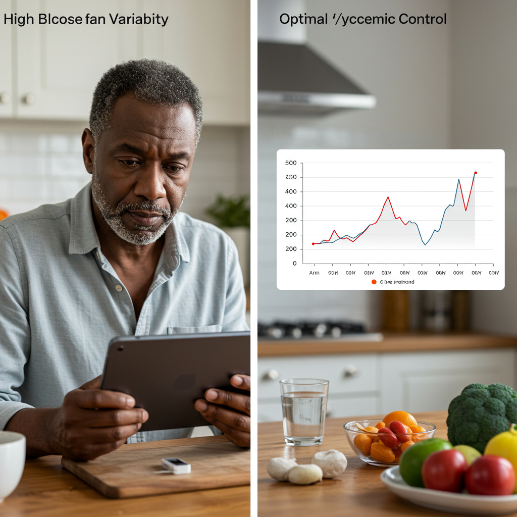 A split-screen visual showing two glucose monitoring graphs side by side. On the left, a jagged line with dramatic peaks and valleys representing high blood sugar variability. On the right, a smoother, more stable line representing optimal glycemic control. A diverse middle-aged person is looking at both graphs on a tablet device while sitting comfortably at a kitchen table with a healthy meal visible in the background.
