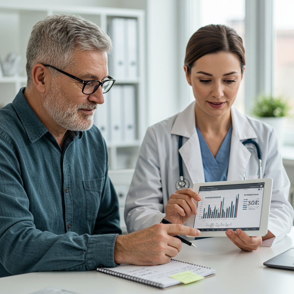 A middle-aged man reviewing his health results on a tablet with his female doctor in a bright, modern medical office. The doctor is pointing to a graph showing the patient's glucose levels in the prediabetes range, while maintaining a reassuring expression. A notepad with a handwritten action plan is visible on the desk between them, suggesting positive steps forward rather than concern.