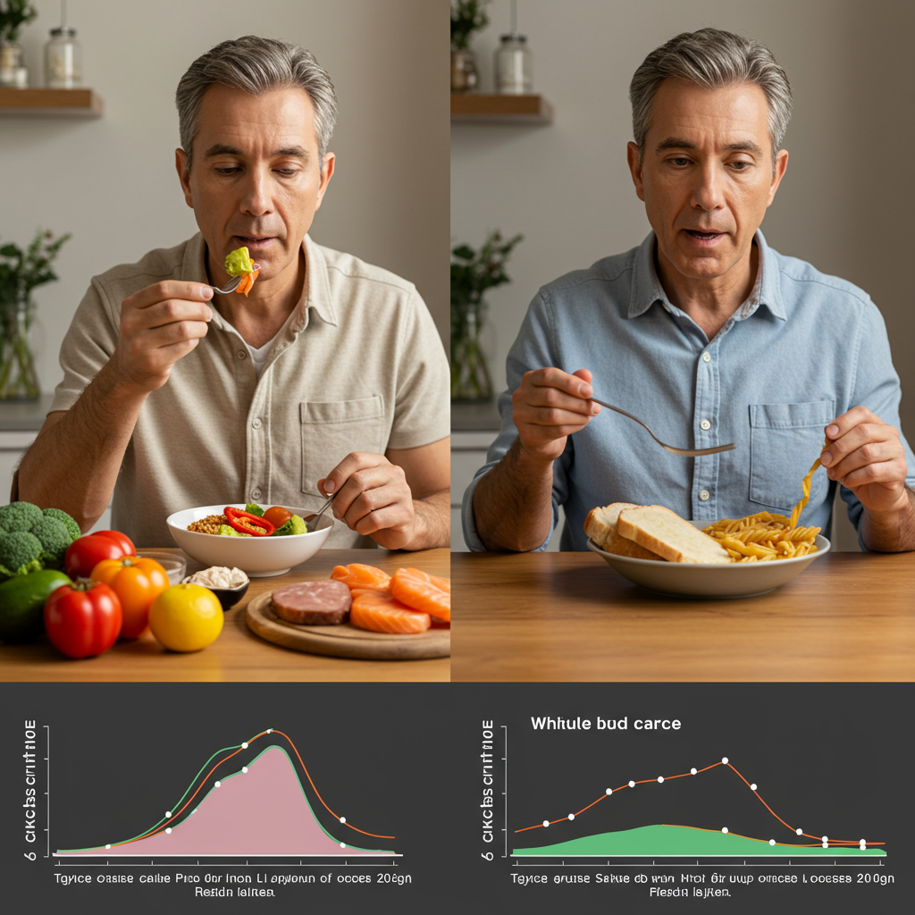 A side-by-side comparison showing two middle-aged adults at a dining table. On the left, a person enjoying a balanced meal with vegetables, lean protein, and whole grains with a small graph overlay showing a gentle, stable glucose curve. On the right, another person consuming a high-carb meal of white bread and pasta with a graph overlay showing dramatic glucose spikes. Both individuals look natural and relatable, with the image using warm lighting to create an educational rather than judgmental tone.