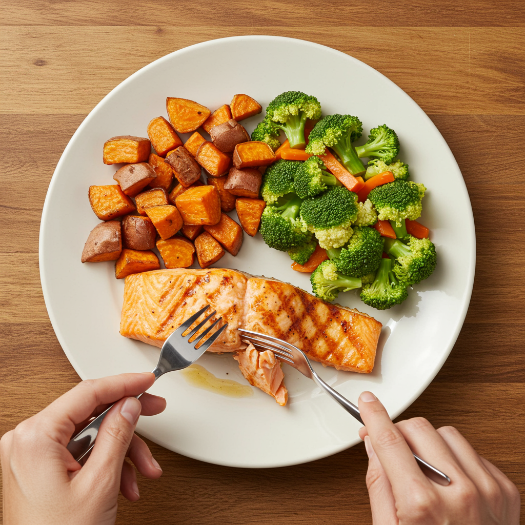 A visually appealing bird's-eye view of a colorful plate following the protein-first approach: a piece of grilled salmon occupying one-third of the plate, a serving of roasted sweet potatoes on another third, and vibrant steamed vegetables on the remaining portion. A hand is visible placing a fork into the salmon first, emphasizing the protein-first eating strategy. The meal is arranged on a rustic wooden table with natural lighting.