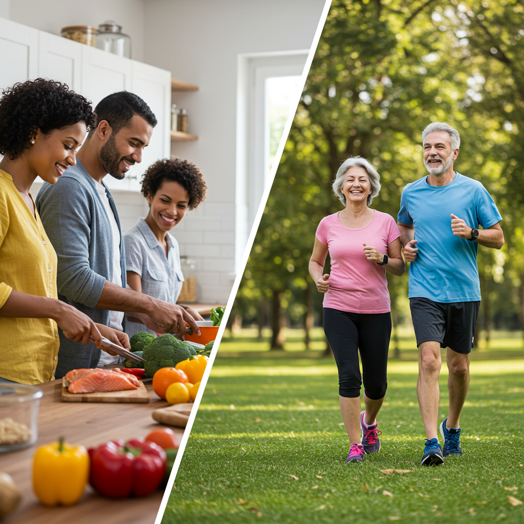 A split-screen lifestyle image showing positive habits that improve insulin sensitivity. One half shows a diverse family preparing a colorful, whole-food meal rich in vegetables and lean proteins in a bright kitchen. The other half depicts a middle-aged couple enjoying an active walk in a park, suggesting regular physical activity. The image conveys warmth and achievable healthy lifestyle choices rather than restrictive or clinical interventions.