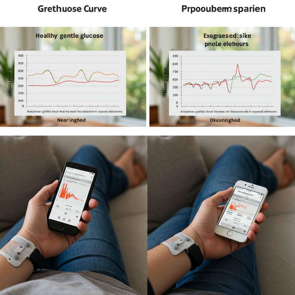 A side-by-side comparison showing two glucose curve graphs: one showing a healthy, gentle post-meal glucose wave that returns to baseline within 2 hours, and another showing an exaggerated spike with prolonged elevation. The image includes a person wearing a continuous glucose monitor on their arm while checking their phone app, sitting in a comfortable living room setting with natural lighting. The visual helps readers understand the difference between normal and problematic glucose responses.