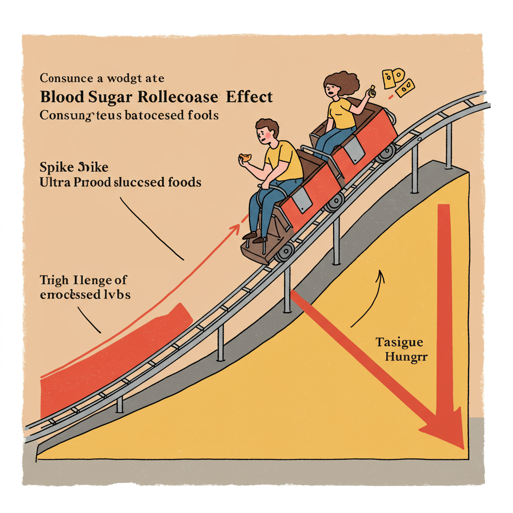 An illustrated graph showing the blood sugar rollercoaster effect, depicted as a person riding an actual rollercoaster. The uphill climb represents the spike after consuming ultra-processed foods (showing someone eating a pastry or drinking soda), the peak showing high blood glucose levels, and the downhill crash showing fatigue and hunger (depicted by the same person now looking tired and reaching for more processed snacks). The illustration should use warm colors and a slightly stylized but realistic approach that makes the scientific concept easy to understand without being clinical or frightening.