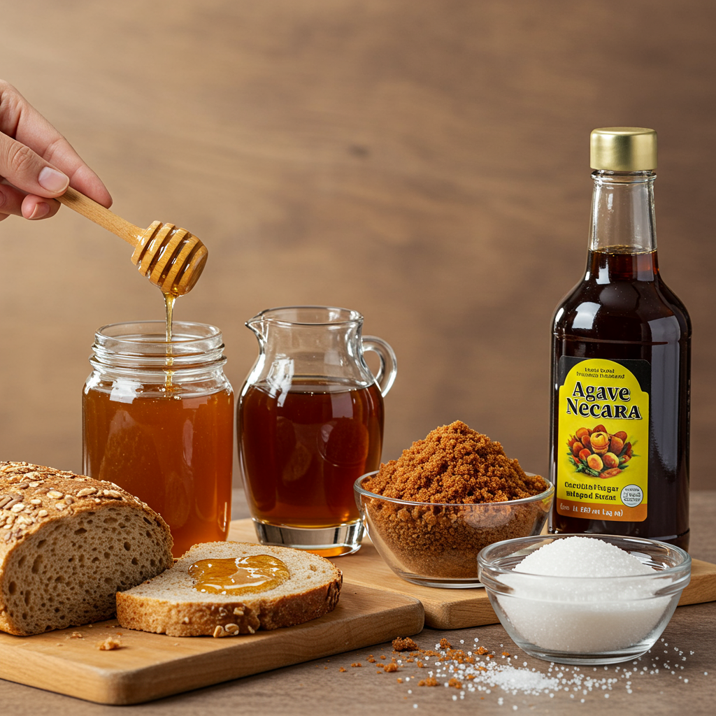 A warm, inviting kitchen scene featuring various natural sweeteners displayed in clear glass containers - honey in a jar with a wooden dipper, maple syrup in a small pitcher, coconut sugar in a bowl, and agave nectar in a bottle. Next to these, a small bowl of white refined sugar provides contrast. A person's hand is shown drizzling honey onto a slice of whole grain bread, emphasizing the everyday use of these sweeteners.