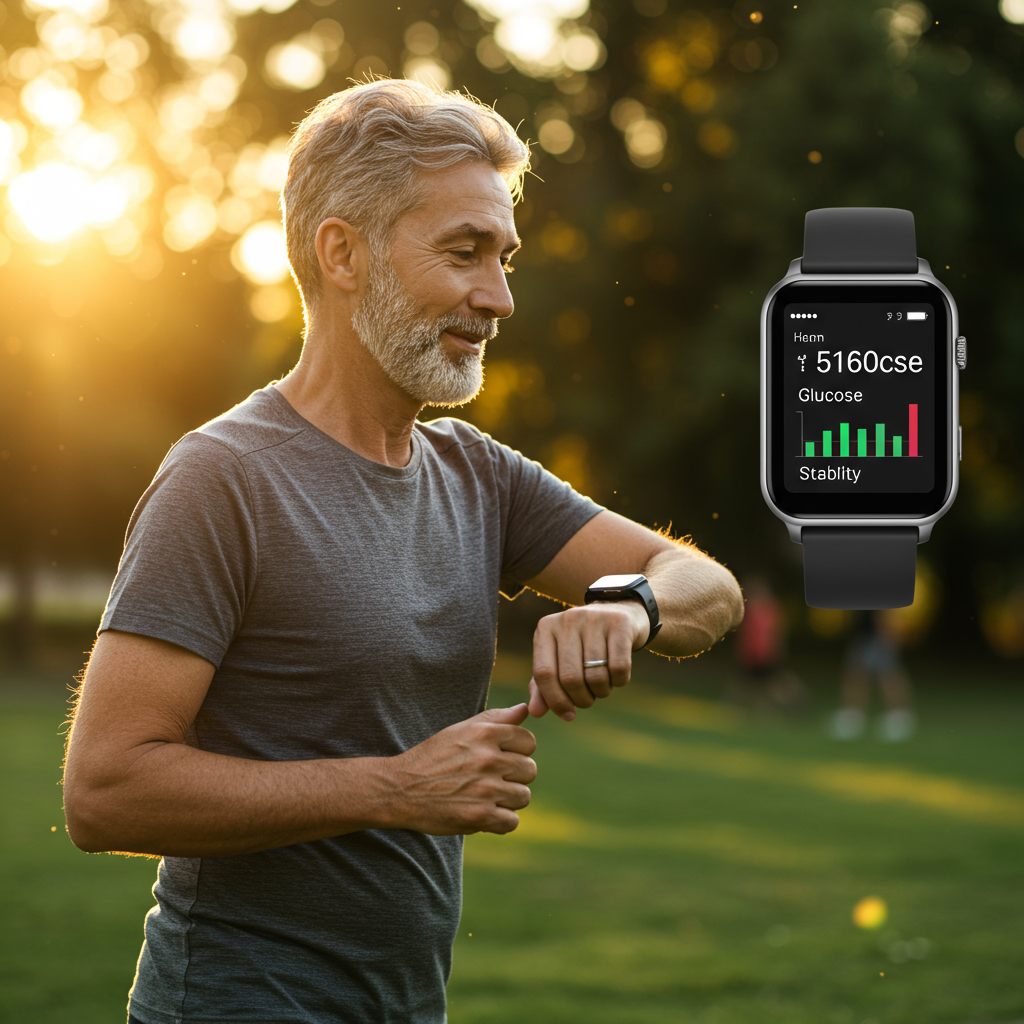An active, middle-aged person jogging in a park during golden hour sunlight while glancing at a smartwatch displaying glucose metrics. The watch screen shows both an average glucose number and a graph indicating stability. The person appears energetic and healthy, with a serene, confident expression that conveys taking control of their health. The background shows a natural setting with trees and perhaps other people engaging in various activities, suggesting an integrated, balanced lifestyle.