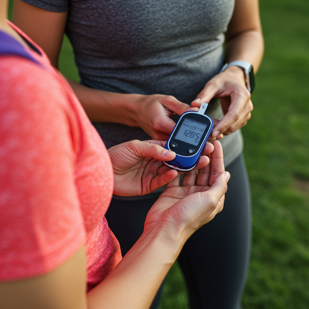 A person with diabetes checking their blood glucose with a monitoring device before exercising outdoors. They're dressed in comfortable workout clothes and have a small backpack with water and supplies. The scene shows them looking confident and prepared, illustrating the connection between monitoring blood sugar and preparing for physical activity.