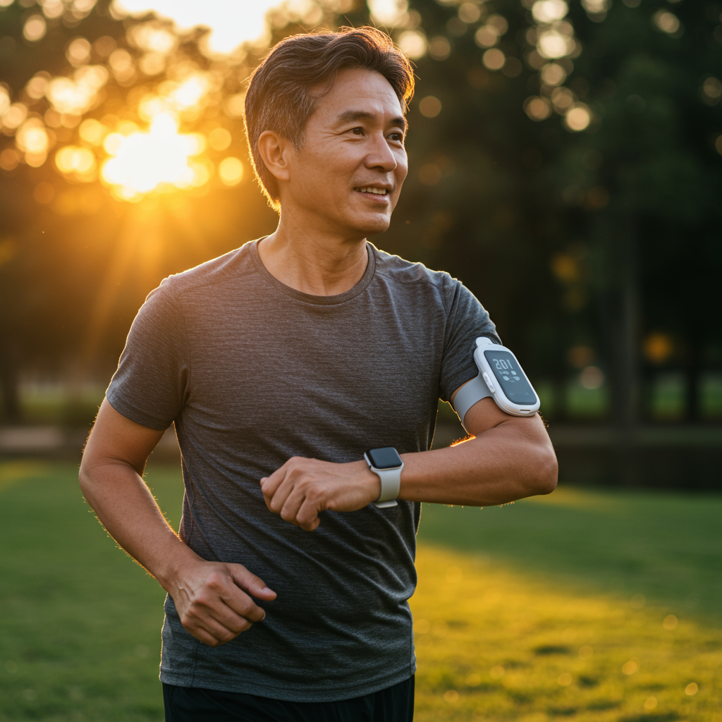 An active middle-aged person jogging outdoors in a park during sunrise/sunset, wearing visible CGM on their arm, with a smartwatch displaying glucose readings. Their confident expression conveys the freedom and peace of mind that comes from continuous monitoring, embodying the proactive lifestyle mentioned in the post.