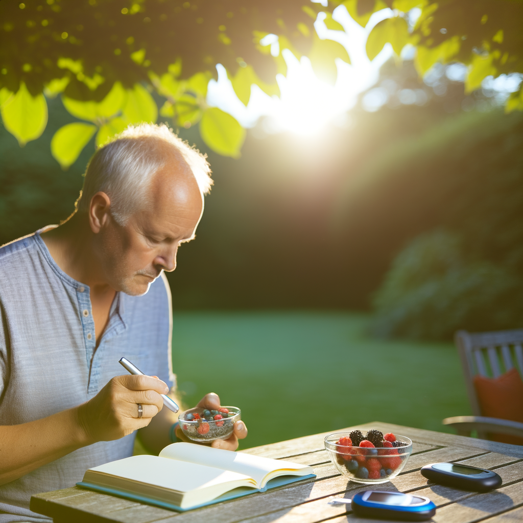 A serene image of a person in their 50s sitting at a garden table, enjoying a small bowl of mixed berries with a few nuts.