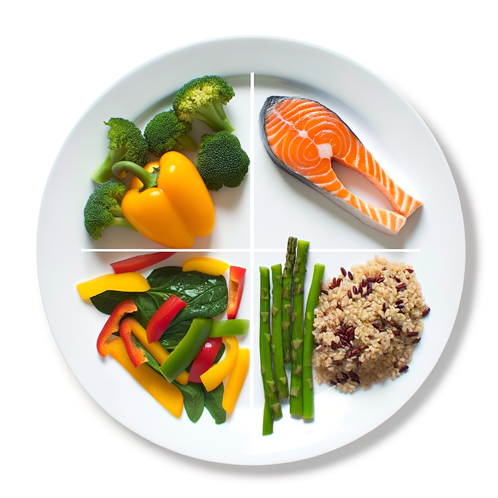 A close-up of a balanced plate following the plate method - half filled with colorful non-starchy vegetables (broccoli, bell peppers, leafy greens), a quarter with a small portion of brown rice or quinoa, and a quarter with grilled salmon. The plate should look appetizing and satisfying, demonstrating how staples can be incorporated in healthier portions.