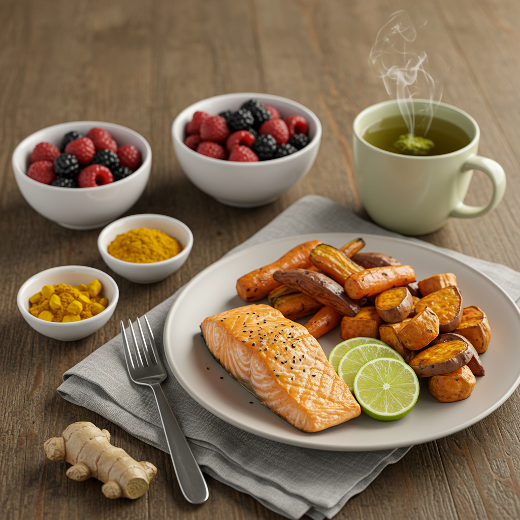 A vibrant, appetizing spread of diabetic-friendly foods arranged on a rustic wooden table. The scene includes a plate with grilled salmon, a side of roasted sweet potatoes and carrots, a small bowl of mixed berries, a cup of steaming green tea, and a small dish containing turmeric and ginger. Soft natural lighting highlights the rich colors of the food, and the setting appears inviting and homey, with a cloth napkin and simple table setting.