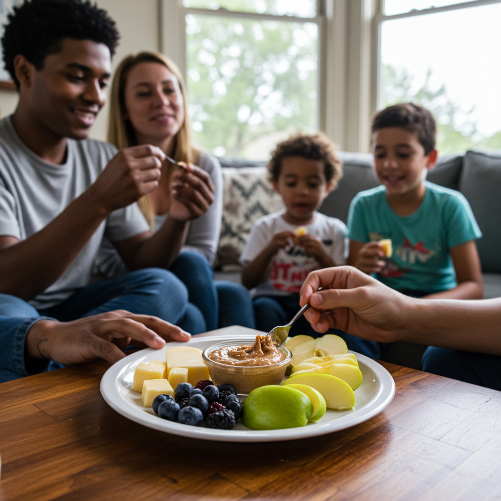 A diverse family enjoying a healthy snack plate in a cozy living room. The plate contains sliced apples, a small dish of almond butter, berries, and perhaps cheese cubes. Everyone appears relaxed and happy, highlighting how whole fruits can be part of enjoyable, balanced eating. The setting should be warm with natural light coming through windows.