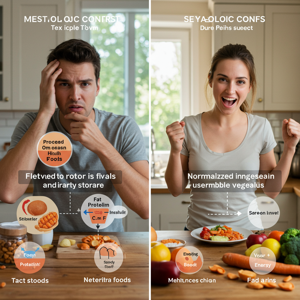 A split-screen image showing metabolic contrast. On the left side, a person looking frustrated while eating processed, high-carb foods with an illustration of elevated insulin levels and fat storage. On the right side, the same person looking energetic after a balanced meal of proteins, healthy fats, and vegetables with an illustration showing normalized insulin levels and fat being used for energy. The scene takes place in a warm, home kitchen environment with natural lighting.