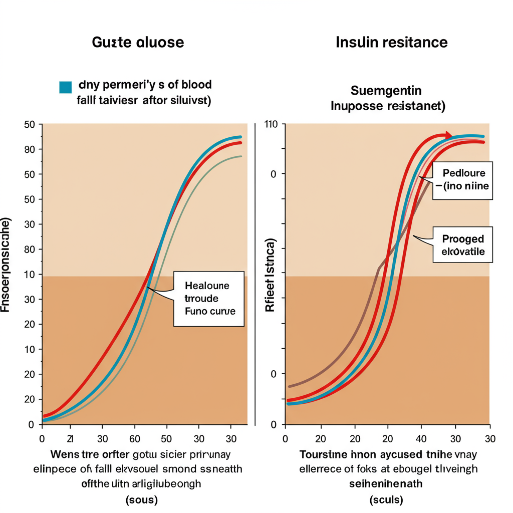 A split-screen comparison showing two glucose response curves: one showing a healthy person's gentle rise and fall in blood glucose after a meal (smooth curve), and the other showing the pronounced spike and prolonged elevation in someone with insulin resistance. A warm color palette with clear labeling makes this educational graphic approachable and informative.
