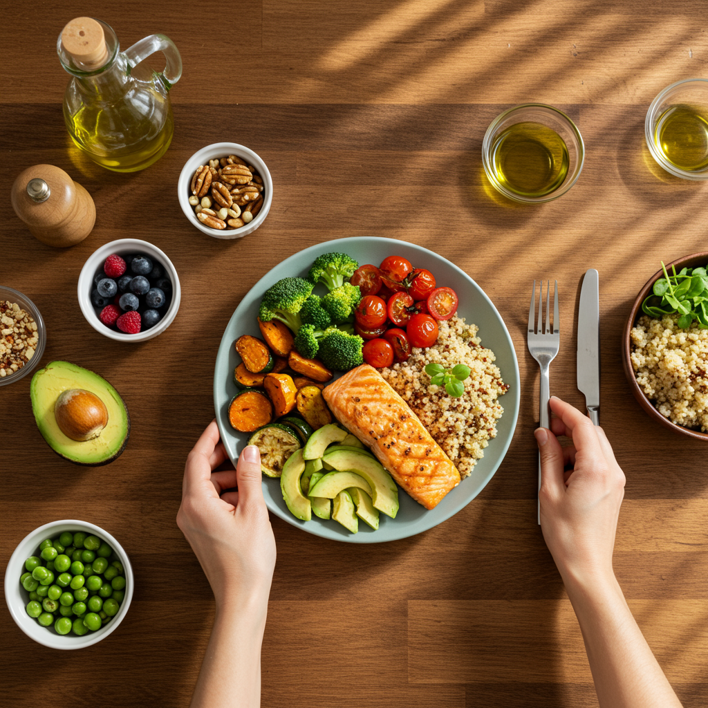 A top-down view of a vibrant, balanced meal being prepared on a wooden table