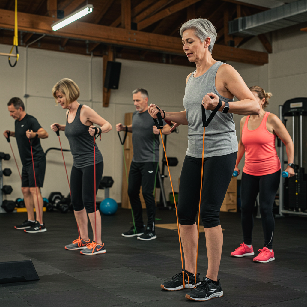 A diverse group of adults in their 40s-60s participating in a community strength training class