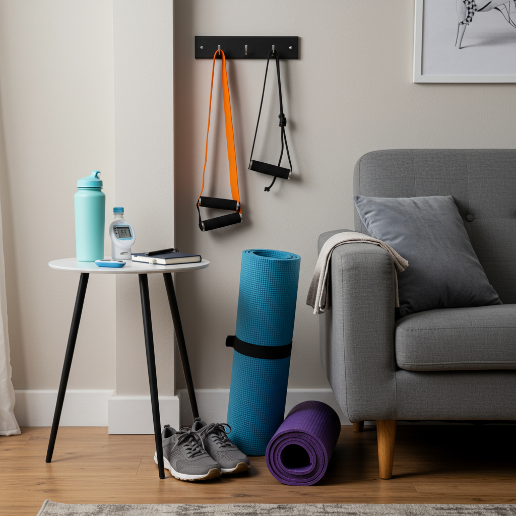 A well-organized home exercise corner showing thoughtful environmental design. The space features visible resistance bands hanging on a hook, a rolled yoga mat, comfortable shoes, and a small tracking journal on a side table. A water bottle and glucose monitoring kit are placed nearby, emphasizing the connection to diabetes management. The setup is in a normal living room setting rather than a specialized gym, demonstrating how anyone can create an exercise-friendly environment in their home.