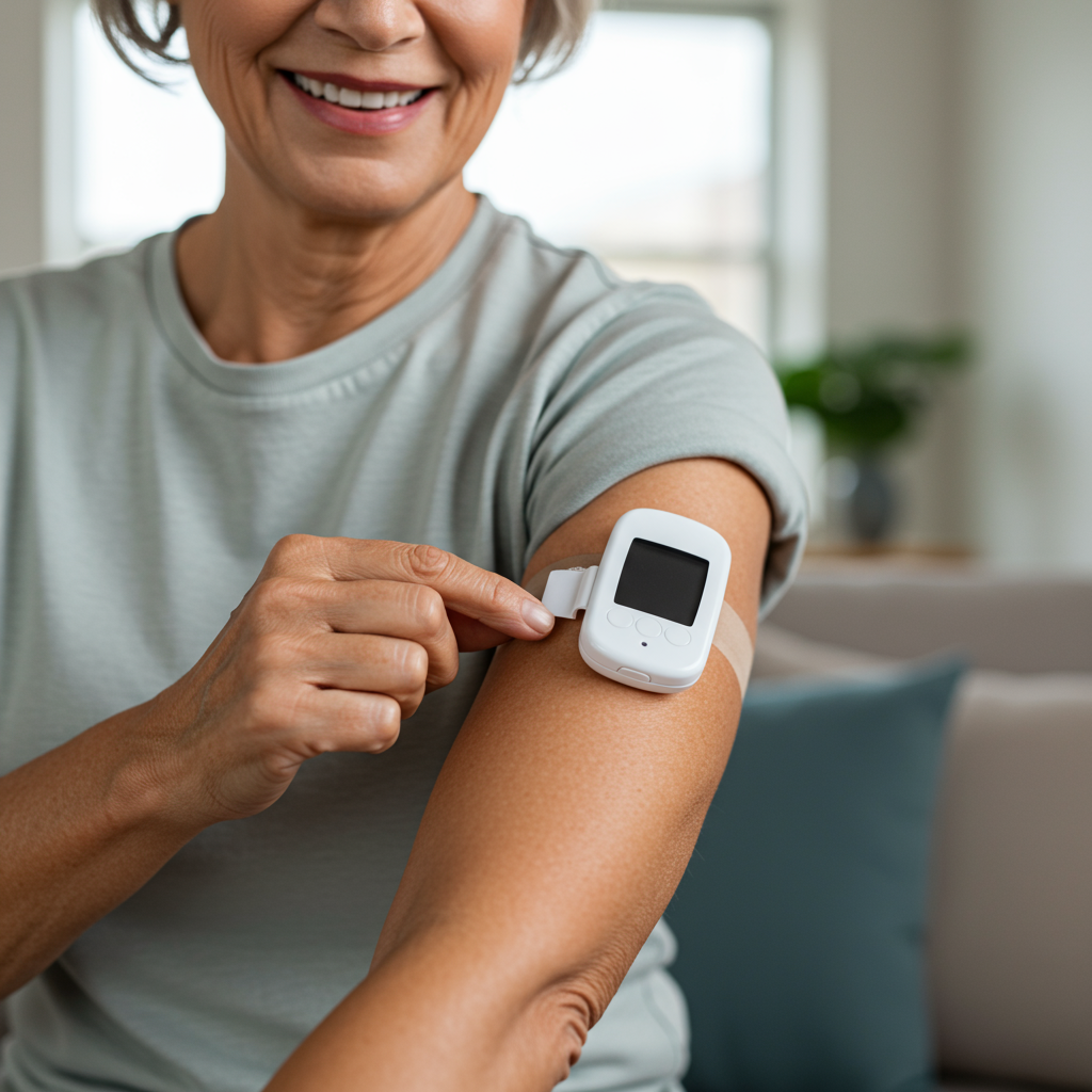 A close-up view of a person in their 50s attaching a small, modern continuous glucose monitor to their upper arm. The person is smiling confidently in a bright, airy living room. The CGM appears sleek and unobtrusive, demonstrating how these devices seamlessly integrate into everyday life for health-conscious individuals.