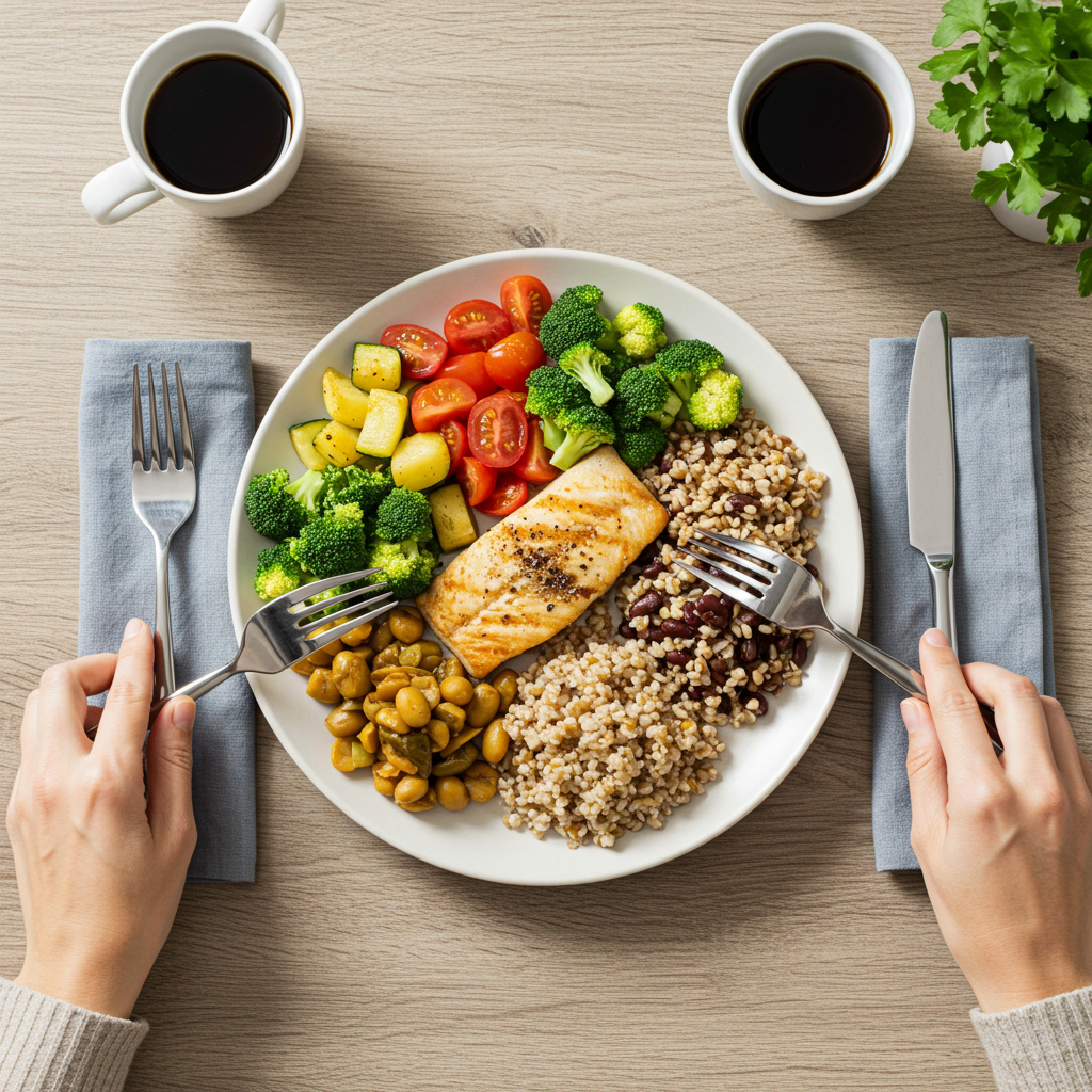 A top-down view of a beautifully arranged meal on a plate showing the balanced approach described in the text. The plate should contain a colorful variety of vegetables taking up half the space, a quarter with a protein source like grilled fish or beans, and a quarter with whole grains or starchy vegetables. A person's hands could be visible using utensils to enjoy the meal. The setting should be bright and inviting with natural light, perhaps at a dining table with a simple table setting, conveying the joy and satisfaction of eating whole foods.