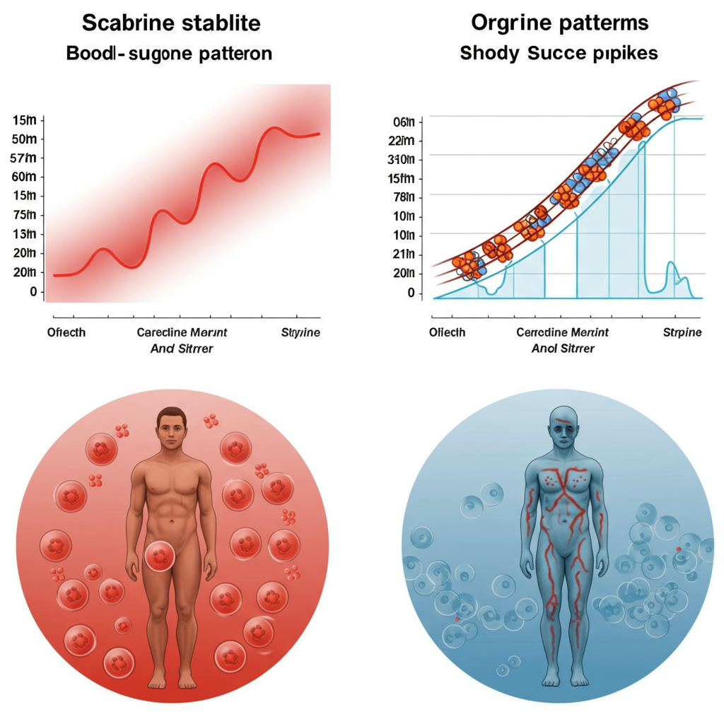 A split-screen image showing the contrast between blood sugar patterns. On the left, a smooth, gentle wave representing stable blood glucose levels with a person looking energetic and vibrant. On the right, a jagged up-and-down rollercoaster pattern representing blood sugar spikes, with the same person looking tired and showing signs of inflammation.