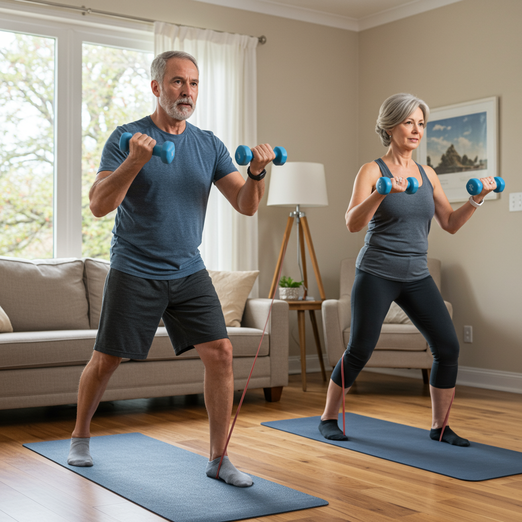 A middle-aged man and woman performing simple resistance training exercises