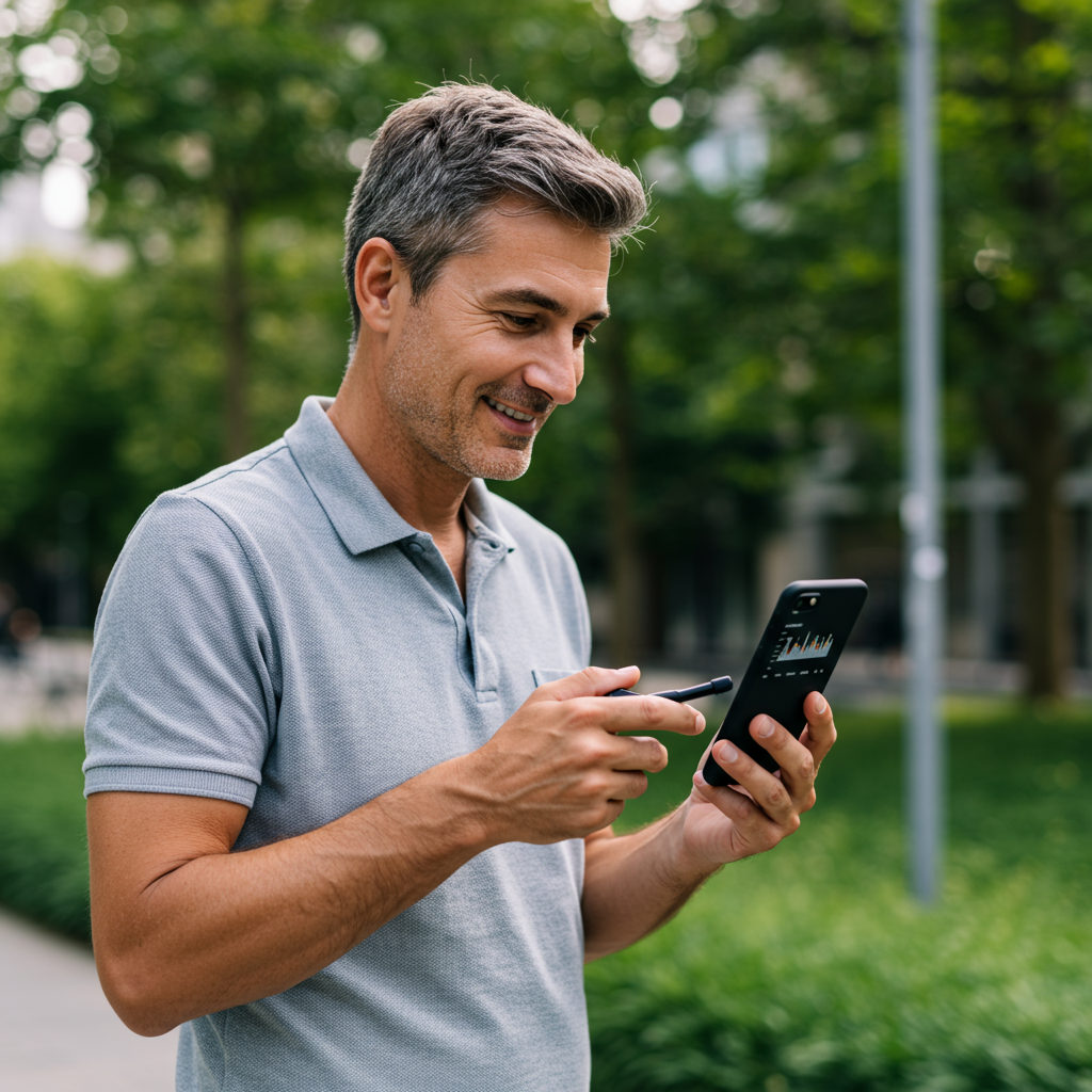 A casual office worker in their 40s glancing at a smartphone app displaying a glucose graph while taking a brief walking break outdoors. The person looks relaxed and empowered rather than concerned, suggesting that monitoring is about optimization rather than anxiety. The background shows a pleasant urban green space, reinforcing the connection between technology, health awareness, and active lifestyle.