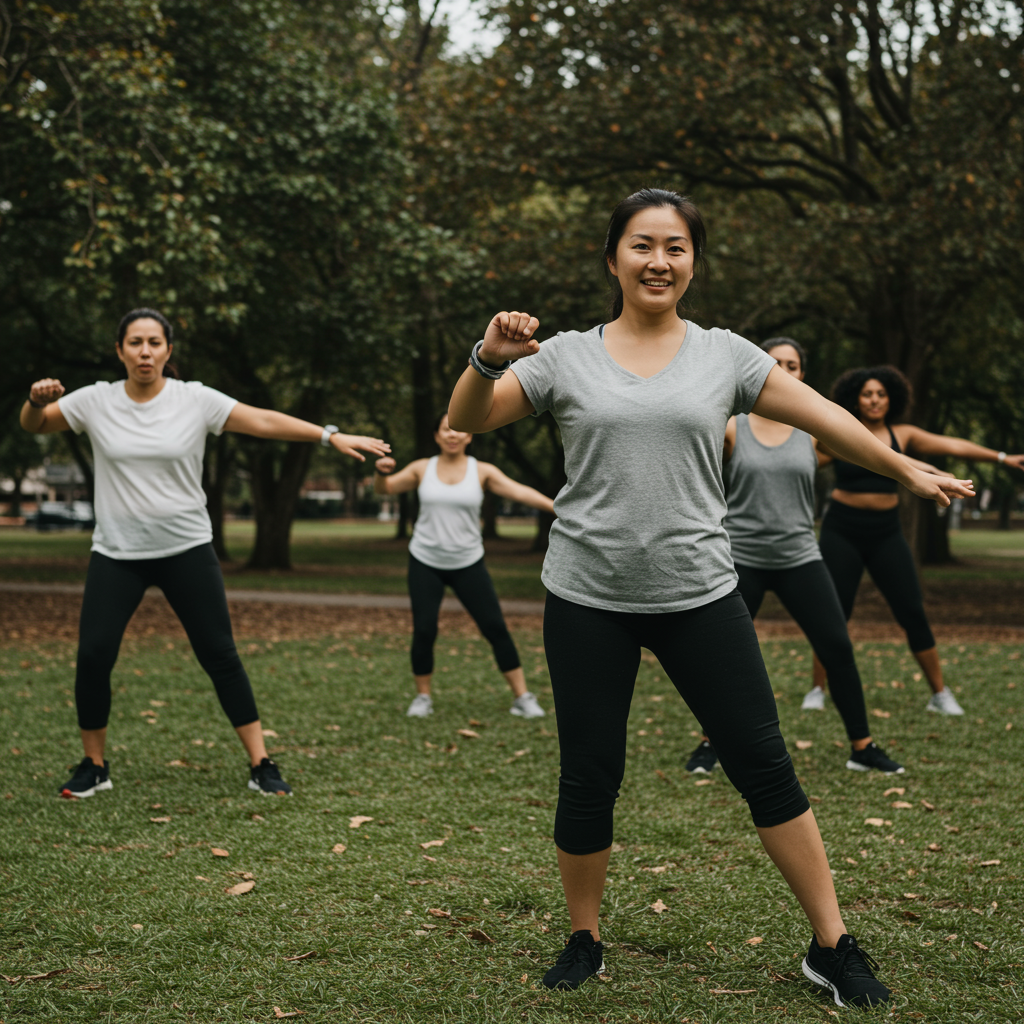 A small group of diverse individuals (varying in age, body type, and ethnicity) participating in a community exercise class in a park. They're showing different levels of ability but all appear engaged and supportive of each other. Some are using modified movements, demonstrating that exercise can be adapted for everyone, reinforcing the upcoming section's message about sustainable movement.
