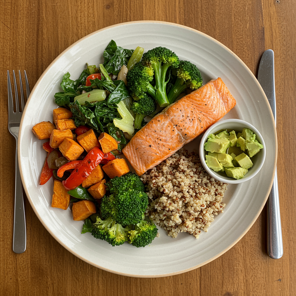 An overhead view of a beautifully arranged meal on a plate following the recommended proportions: half filled with colorful non-starchy vegetables (like roasted broccoli, bell peppers, and leafy greens), a quarter with a protein source (like grilled salmon or chicken), and a quarter with complex carbohydrates (like sweet potato or quinoa). A small dish of healthy fats (avocado slices and olive oil) sits alongside. The setting should be warm with natural lighting, presented on a wooden table with simple, elegant tableware.