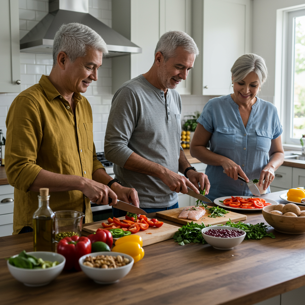 A group of people preparing a heart-healthy Mediterranean meal together