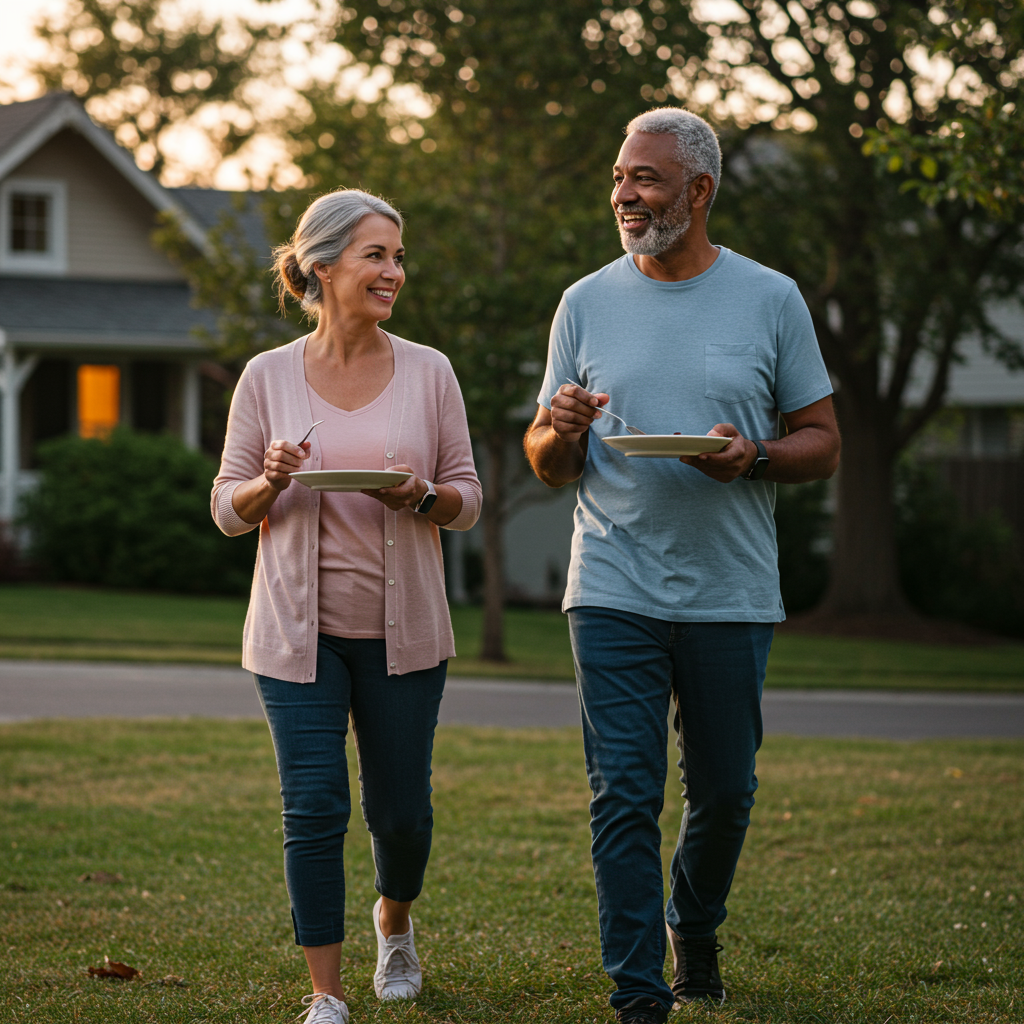 A diverse middle-aged couple taking a relaxed evening walk together after dinner in a residential neighborhood. They're smiling and engaged in conversation while wearing comfortable, casual clothing. The lighting should suggest early evening, with warm sunset tones. This image conveys the accessible, practical nature of post-meal movement that anyone can incorporate into their routine.