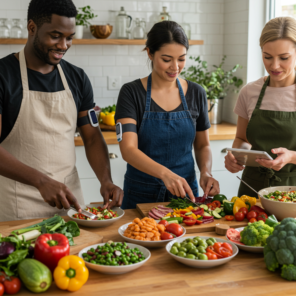 A diverse group of three people (varying ages and ethnicities) engaged in a cooking class or workshop setting with a focus on metabolic health. They're preparing colorful Mediterranean-style dishes rich in vegetables, healthy fats, and proteins. One person is wearing a visible CGM on their arm while another looks at a tablet showing glucose trend data. The atmosphere is collaborative and positive, with natural lighting highlighting the vibrant, nutrient-dense food being prepared.