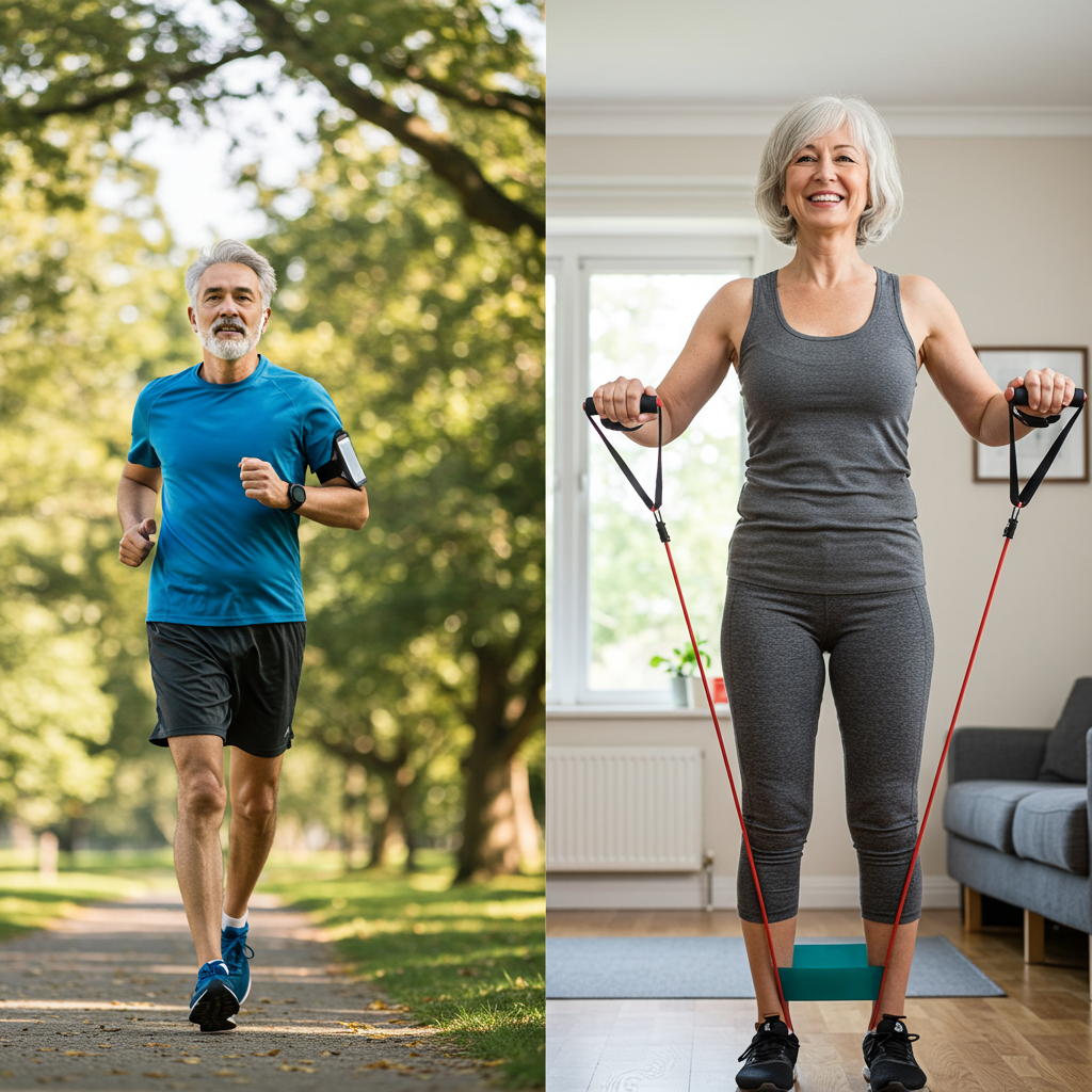 A split-screen image showing two diverse exercise scenarios: on one side, a middle-aged man jogging on a scenic park trail (representing aerobic exercise), and on the other side, a woman in her 50s using resistance bands in a home setting with a smile on her face (representing resistance training). The image illustrates the complementary nature of both exercise types mentioned in the blog.