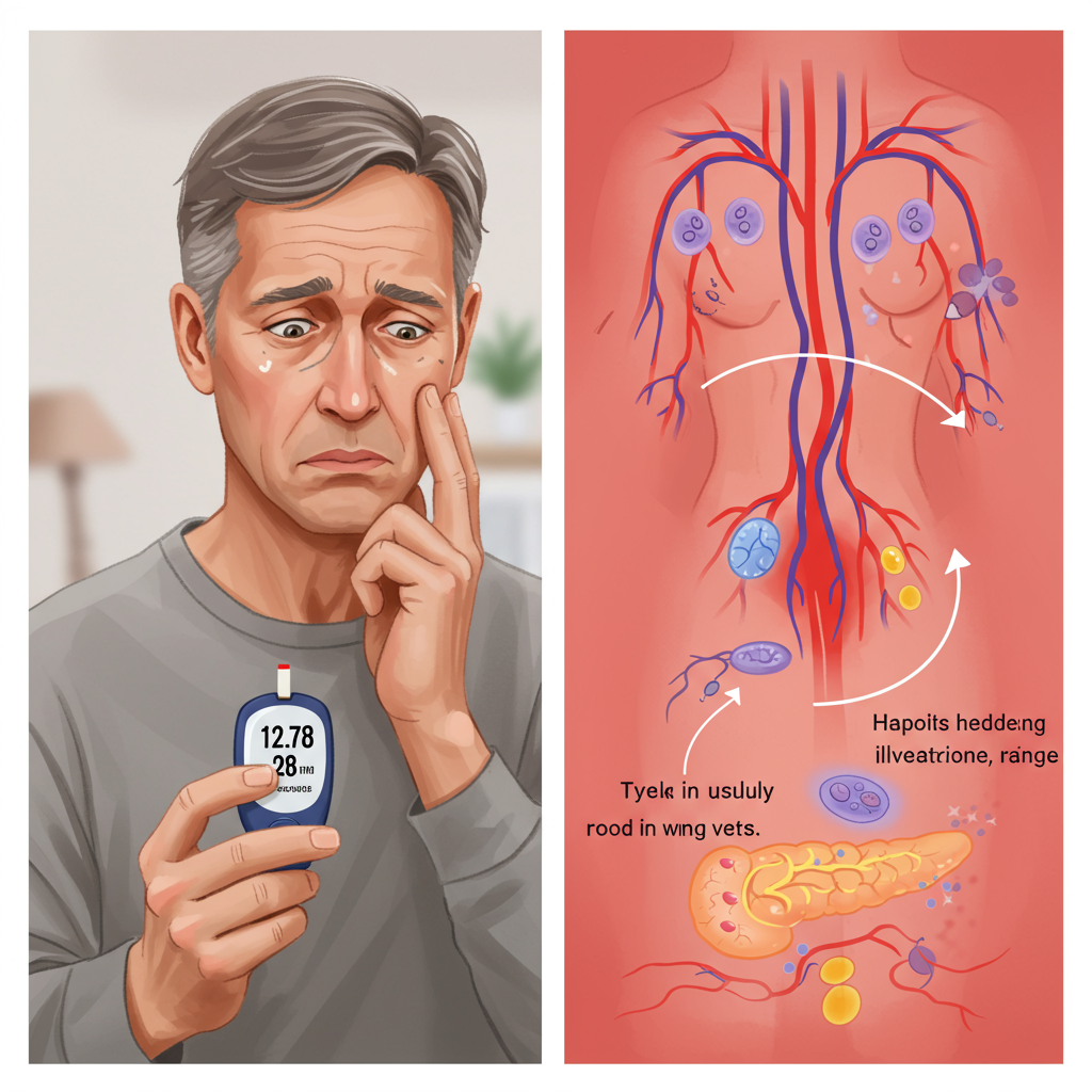 A split-screen image showing two scenarios: On the left, a middle-aged person looking concerned while checking their blood glucose monitor with numbers in the prediabetic range. On the right, a simplified illustration of what's happening inside the body - showing blood vessels with early signs of inflammation and pancreatic cells working overtime to produce insulin. The image should use warm colors and an educational style rather than frightening medical imagery.
