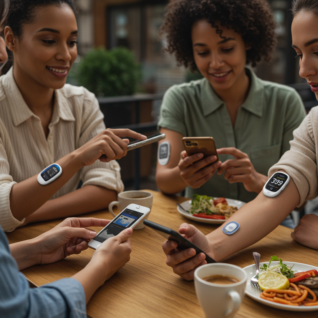 A warm, realistic image of a diverse group of three people (varying ages and ethnicities) sitting at a café table with CGM devices visible on their arms. They're reviewing their glucose data on smartphones while enjoying a meal together, demonstrating how CGM technology integrates into everyday social life and enables real-time decision making.